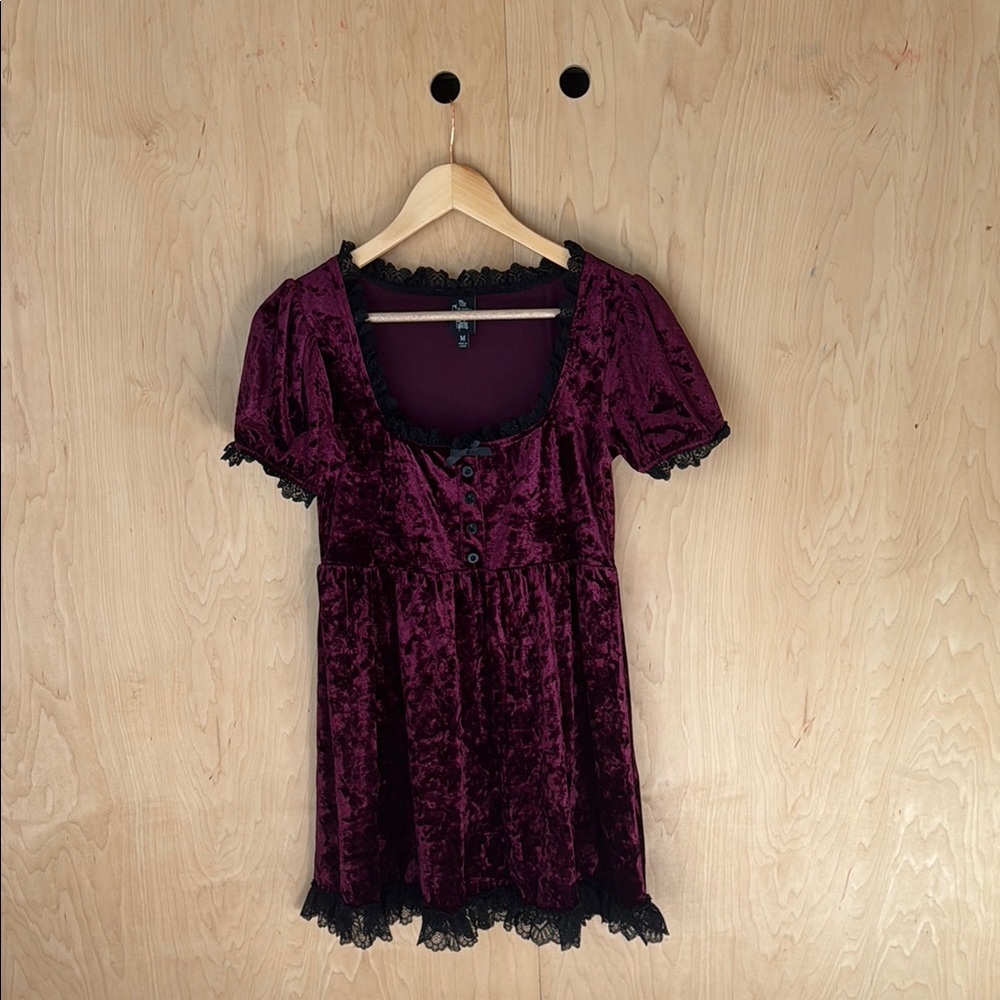 DollsKill Crushed Velvet Burgundy Dress with Lace Trim